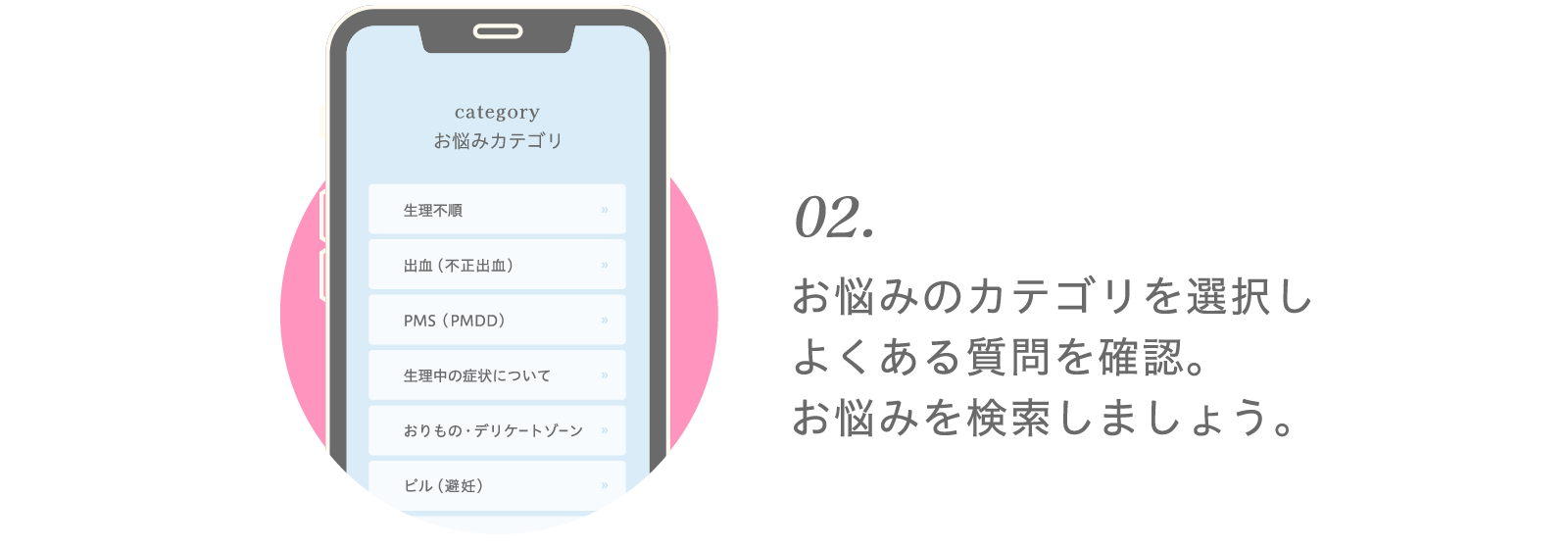 02.お悩みのカテゴリを選択しよくある質問を確認。お悩みを検索しましょう。