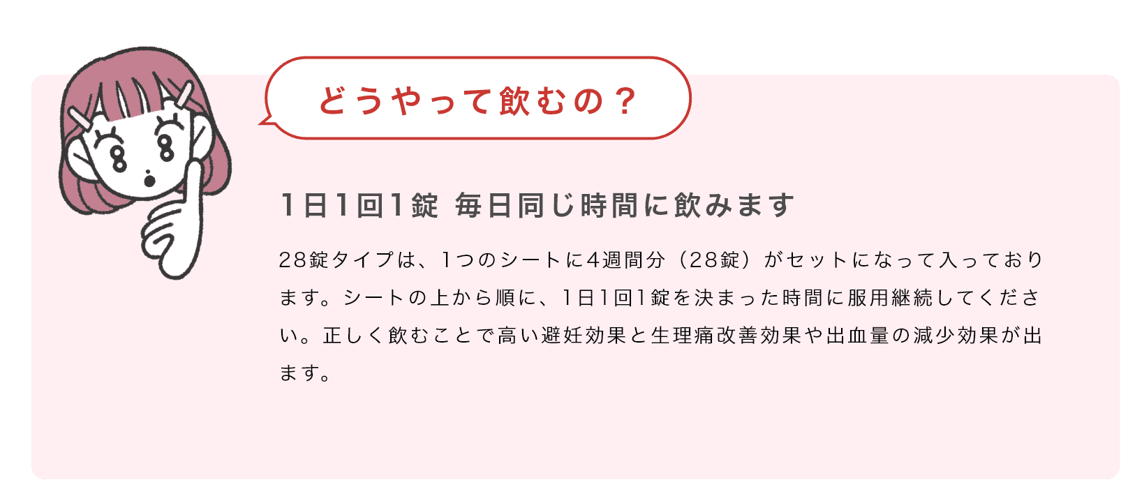 Q:「どうやって飲むの？」→A:「1日1回1錠 毎日同じ時間に飲みます。28錠タイプは、1つのシートに4週間分（28錠）がセットになって入っております。シートの上から順に、1日1回1錠を決まった時間に服用継続してください。正しく飲むことで高い避妊効果と生理痛改善効果や出血量の減少効果が出ます。」