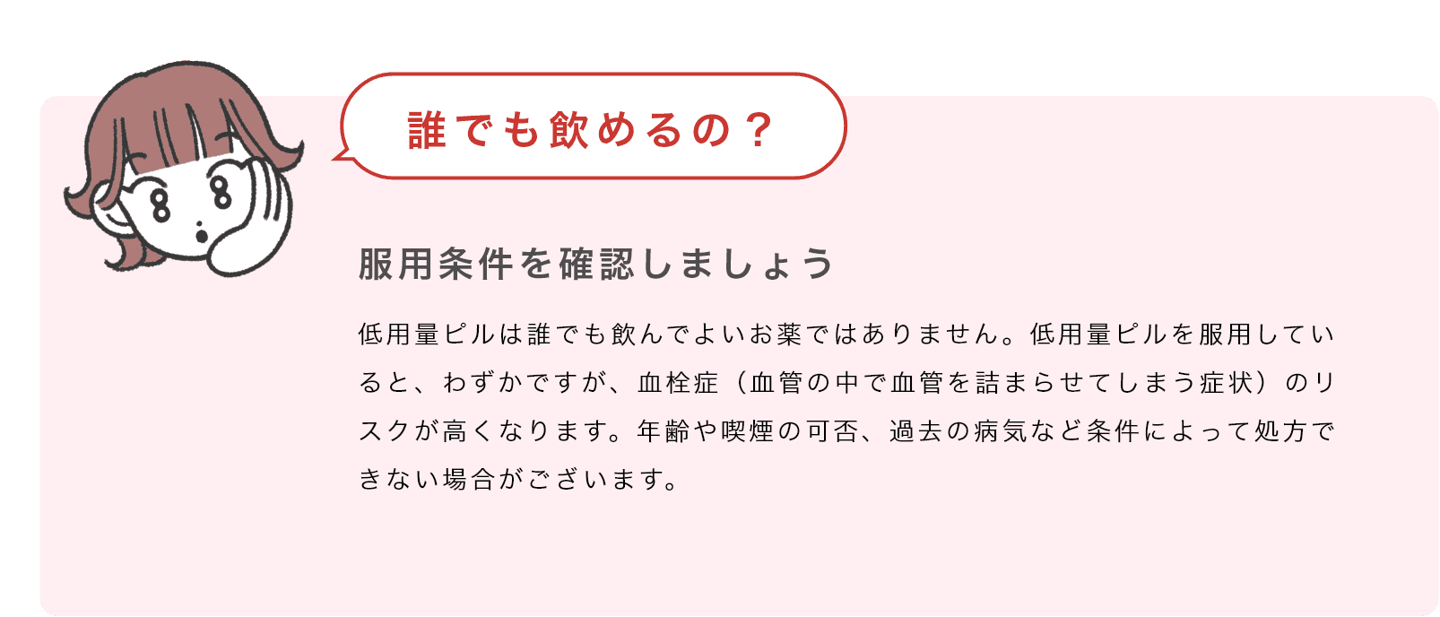 Q:「誰でも飲めるの？」→A:「服用条件を確認しましょう。低用量ピルは誰でも飲んでよいお薬ではありません。低用量ピルを服用していると、わずかですが、血栓症（血管の中で血管を詰まらせてしまう症状）のリスクが高くなります。年齢や喫煙の可否、過去の病気など条件によって処方できない場合がございます。」