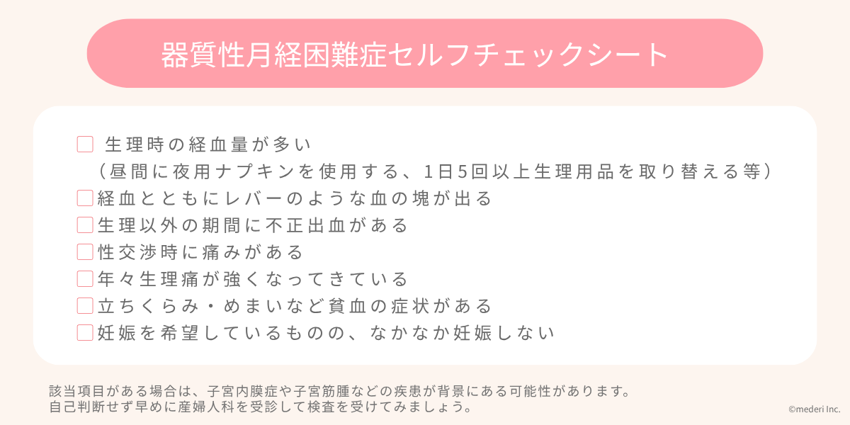 器質性月経困難症セルフチェックシートのイメージ
