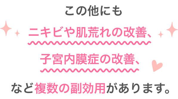 この他にもニキビや肌荒れの改善、子宮内膜症の改善、など複数の副効用があります。