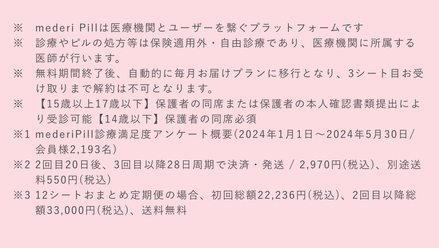 ※ mederi Pillは医療機関とユーザーを繋ぐプラットフォームです※ 診療やピルの処方等は保険適用外・自由診療であり、医療機関に所属する医師が行います。※ 無料期間終了後、自動的に毎月お届けプランに移行となり、3シート目お受け取りまで解約は不可となります。※ 【15歳以上17歳以下】保護者の同席または保護者の本人確認書類提出により受診可能【14歳以下】保護者の同席必須※1 mederi Pill診療満足度アンケート概要（2024年1月1日～2024年5月30日／会員様2,193名）※2 2回目20日後、3回目以降28日周期で決済・発送 / 2,970円（税込）、別送料550円（税込）※3 12シートおまとめ定期便の場合、初回総額22,236円（税込）、2回目以降総額33,000円（税込）、送料無料